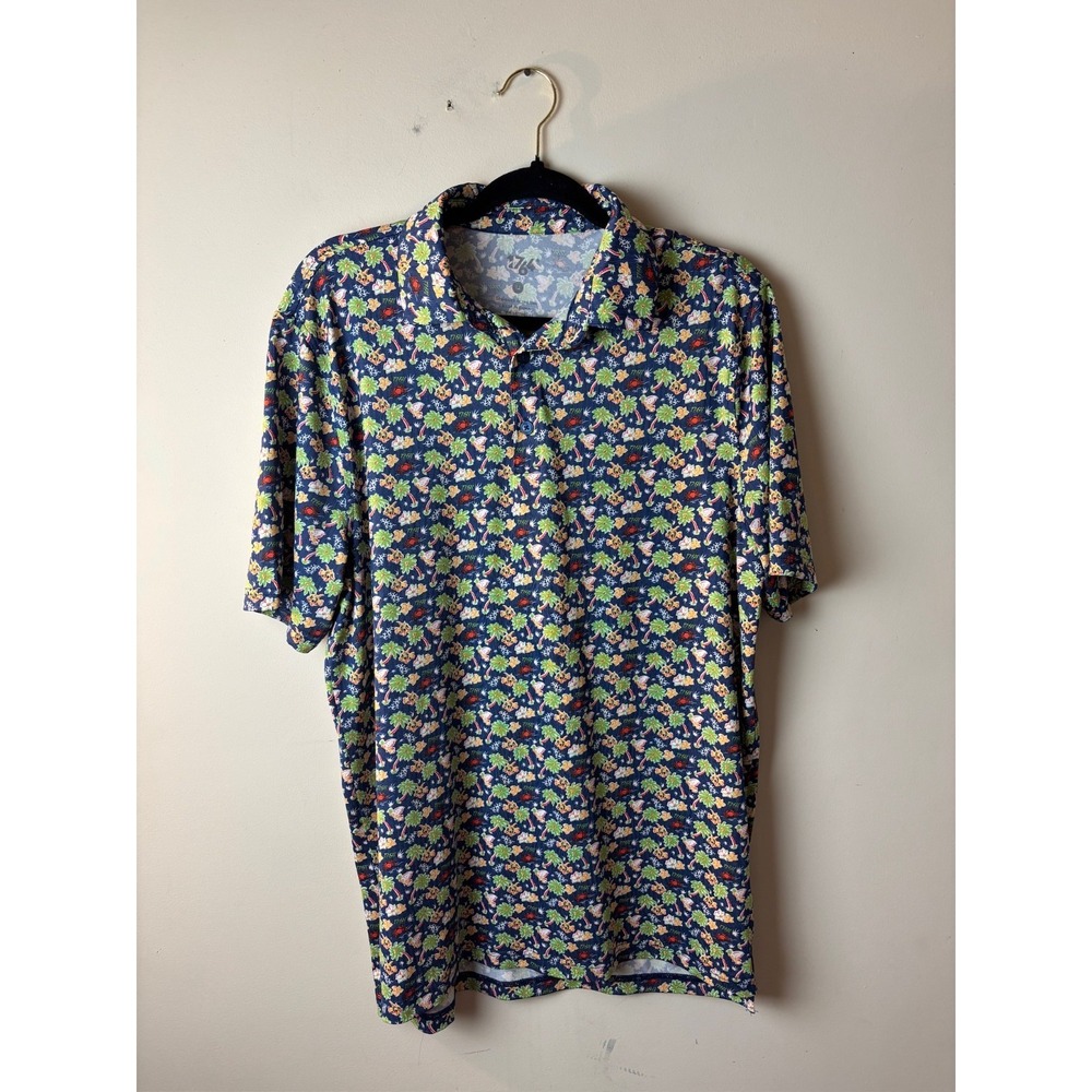 Mens Size M 1764 Polo Shirt Navy Blue‎ Floral Hawaiian Short Sleeve Slit Hem